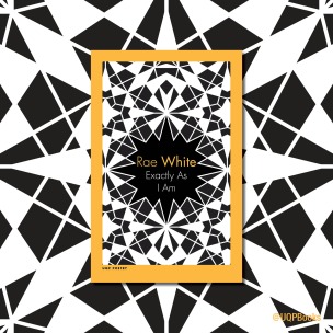Picture of a black, white and yellow book cover that has a smashed glass kinda design, with the text 'Rae White, Exactly As I Am'