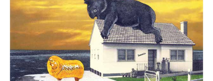 Image description: Front cover of Australian Poetry Anthology. The cover features an abstract art piece of a koala-like creature sitting on top of a white house, with a gold sheep-like creature beside them. These three are on an island surrounded by dark water, with a gold yellow sky in the background.