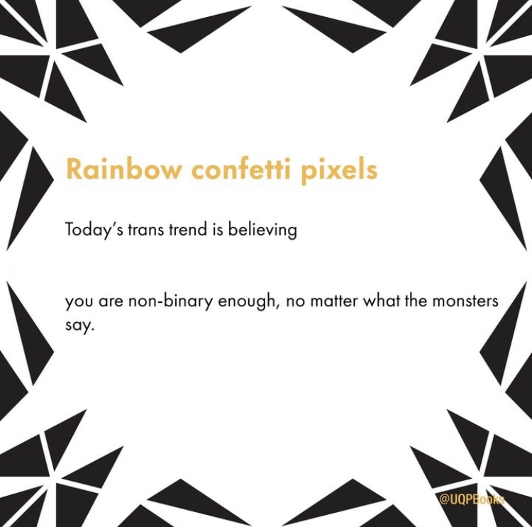 Black and white shard images surround text that reads, ‘Rainbow confetti pixels. Today's trans trend is believing you are non-binary enough, no matter what the monsters say.’