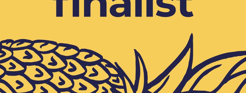 Image description: Dark blue sketch of a pineapple laying on its side, with dark blue text above it that reads ‘Queensland Literary Awards finalist’ on a yellow background.