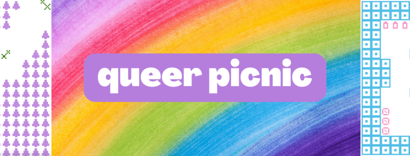 Image of a bright painted rainbow. White text with a purple background reads ‘queer picnic’. To the left is a Bitsy screenshot with rows of purple pixel trees, a green pixel person, bird and stars, and a white background. To the right is a Bitsy screenshot with blue square walls, a white background, and a pink pixel person with little pixel groceries.
