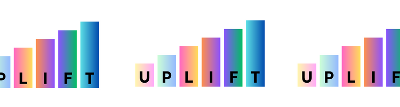 Logo of 6 rectangles increasing in size from short to tall, and increasing in colour, from pastel shades of yellow, pink, green and blue, to darker shades of pink, yellow, orange, purple, green and blue. At the bottom of each rectangle is an uppercase letter which combined together reads UPLIFT. This image is repeated three times.